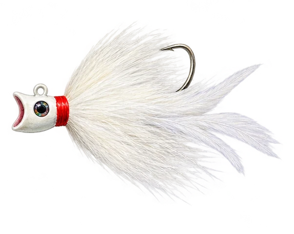 White open-mouth jighead, red thread collar, white bucktail and hackle