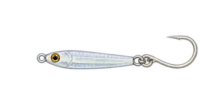 Compact silver baitfish metal jig with rear inline single hook