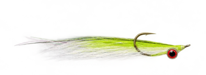 Sparse chartreuse-white bucktail fly, dumbbell eyes and hook point up