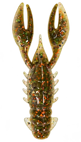 Olive glitter crawfish-shaped plastic with two raised claws, without rigging