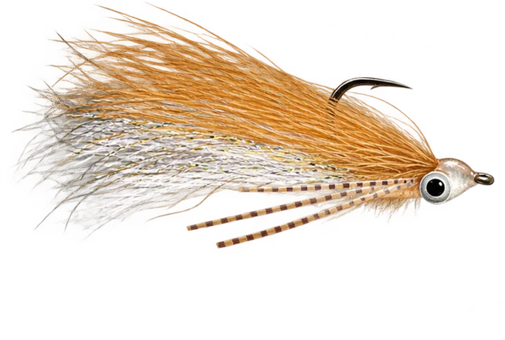 Tan-white hair fly with barred rubber legs, weighted eyes and hook point up