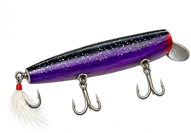 Black-purple wooden swimmer with metal pan lip and dressed tail hook