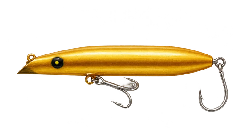 Gold darter with solid slanted face, belly treble and tail single hook