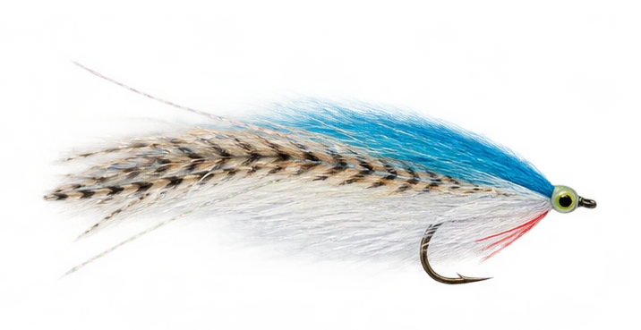 Blue-and-white hair-and-feather streamer with barred feather tail
