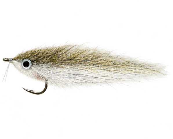 Full olive-white synthetic baitfish fly with silver-ring eye