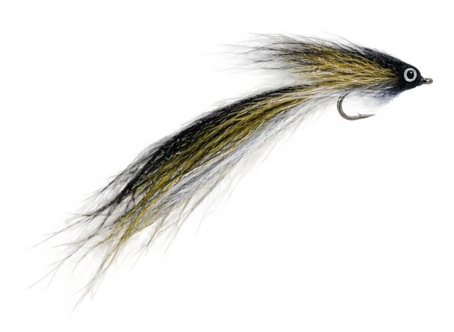 Black-olive-white articulated streamer with long flowing tail