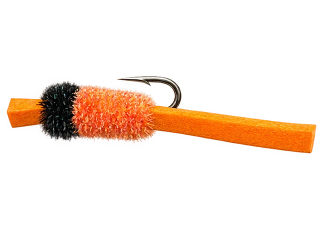 Orange foam strip worm fly with black head collar, peach body and exposed single hook