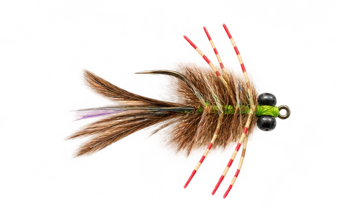 Oval yarn crab fly with barred rubber legs, feather tail and weighted eyes