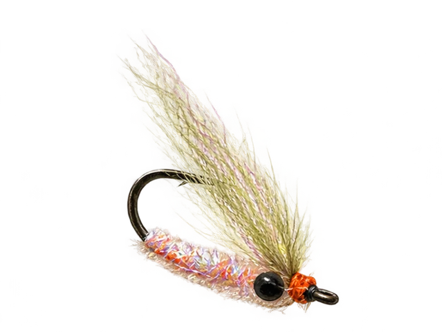 Sparse pale-olive tuft over pearl shrimp body, dark eyes and orange thread head
