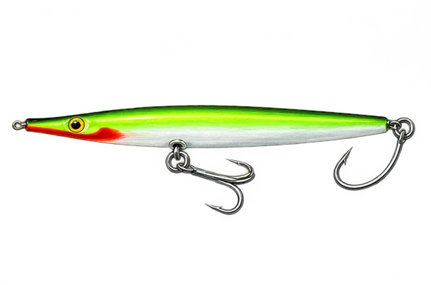 Slim green-and-white needlefish plug, belly treble and tail single hook