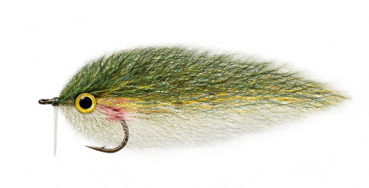 Deep synthetic olive-white baitfish fly with yellow-ring eye and single hook