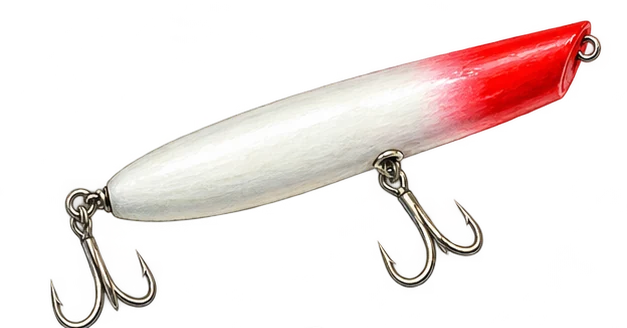 Tapered white pencil popper with red head and two trebles