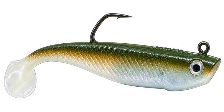 Olive integrated-weight paddletail with single exposed top hook