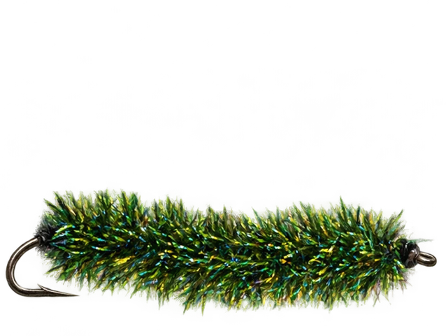 Long olive-green tinsel-chenille worm fly with a single stinger hook