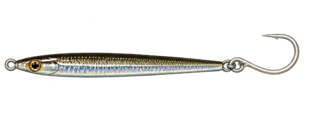 Narrow olive-silver metal jig with rear single hook