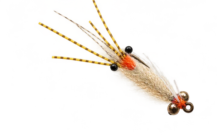 Tan shrimp fly with black stalk eyes, orange accent, barred legs and bead-chain eyes