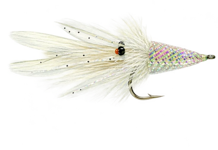 Holographic conical squid fly with white collar, trailing feathers and stalked eyes