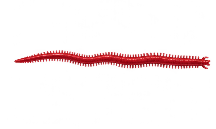 Long red segmented marine-worm plastic with tiny molded side projections