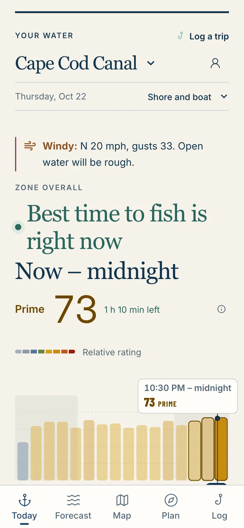 The StripedLines Today screen: the best time to fish today, its tier, where to start, and the day’s tide and light