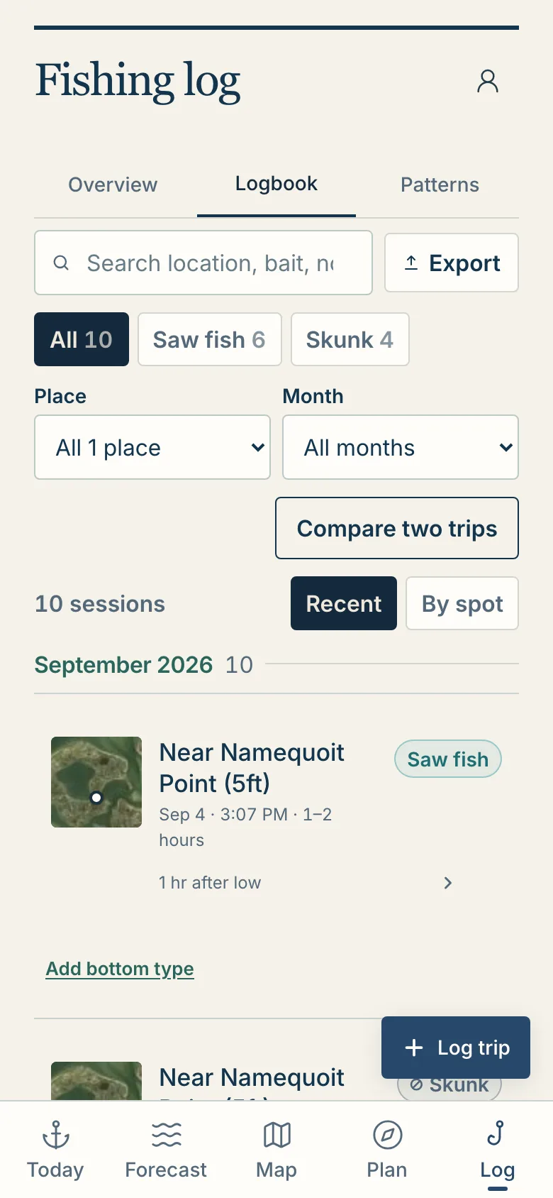 The Logbook: each trip with its place, time and tide, and a map of where it was