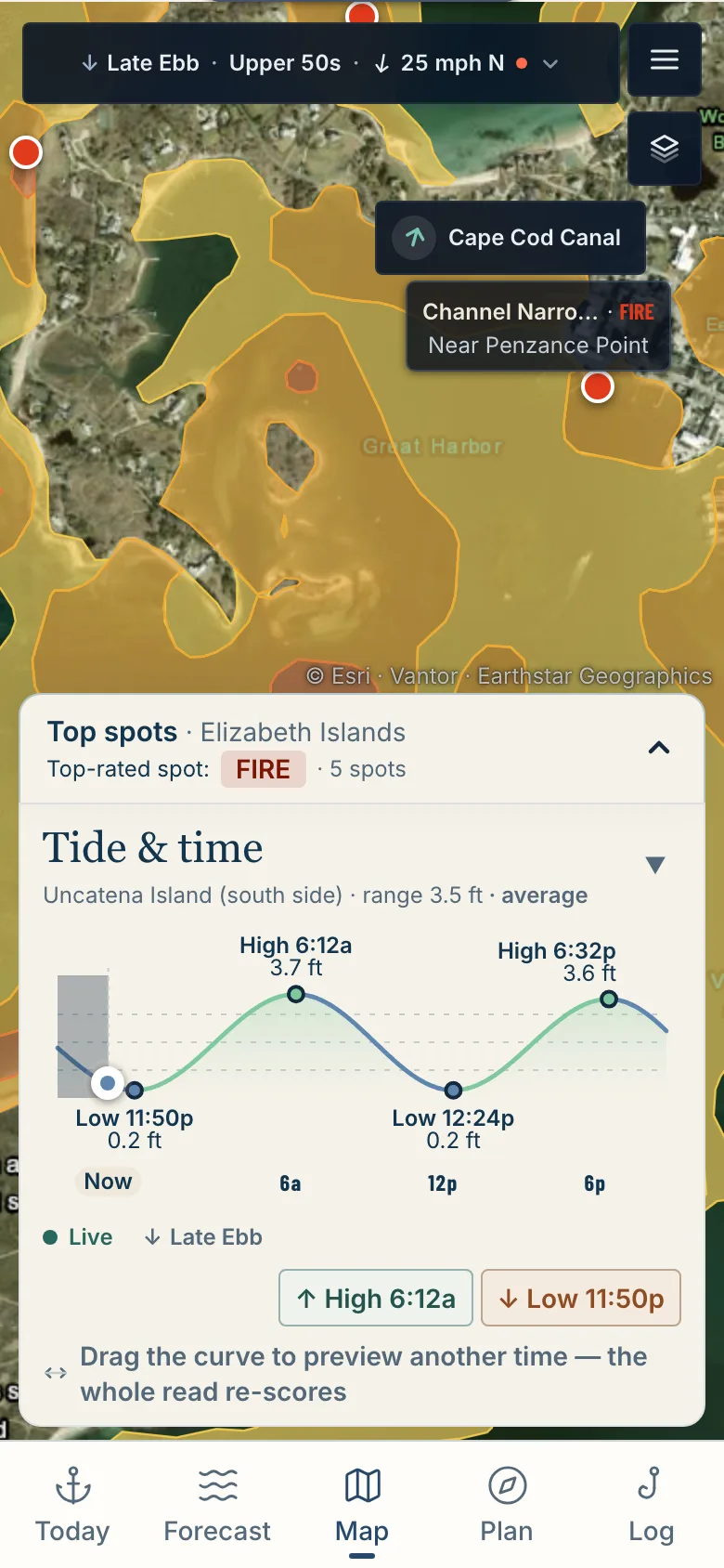 The map with spots rated by tier over satellite imagery, the top-rated spot named, and the tide and time panel