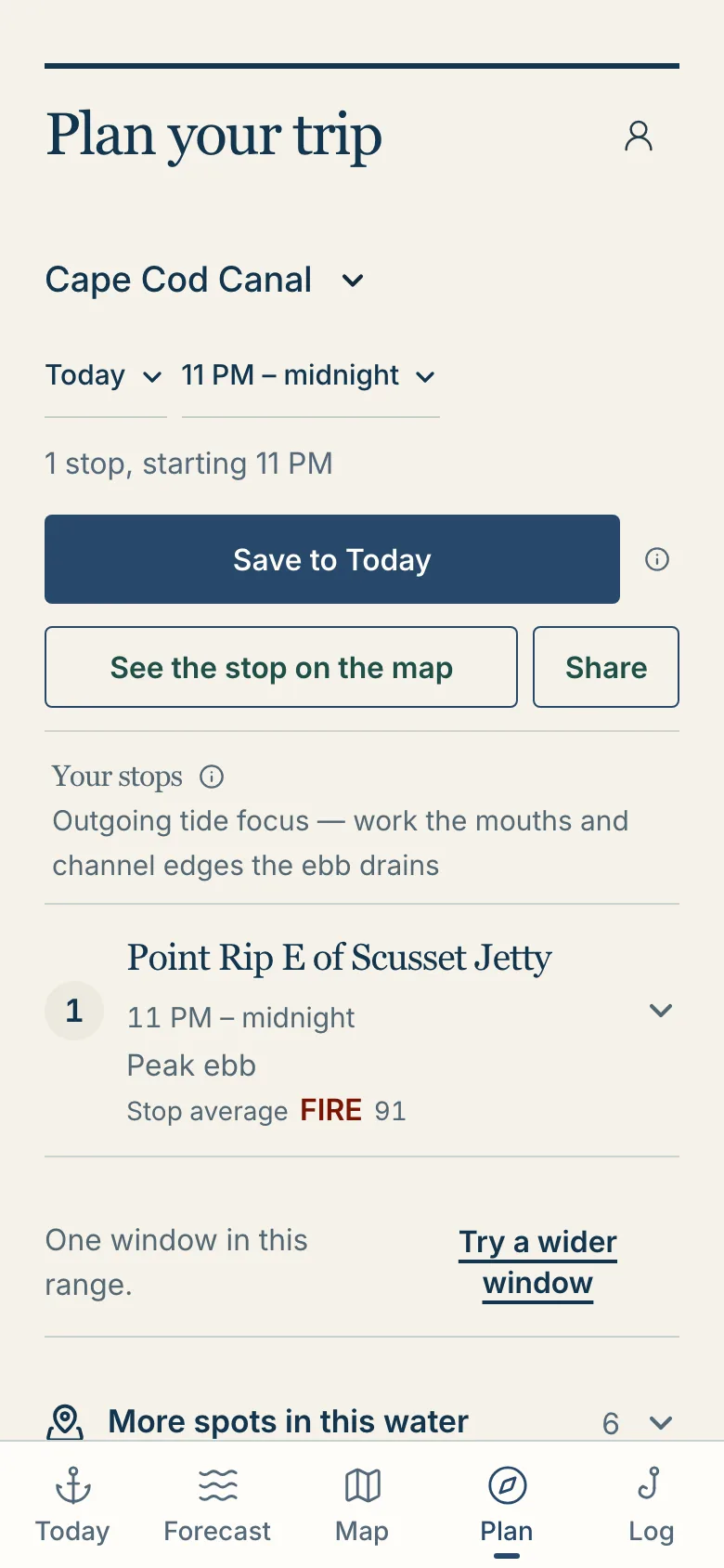 The Plan tab: today’s best time, the stops in order, and Save to Today